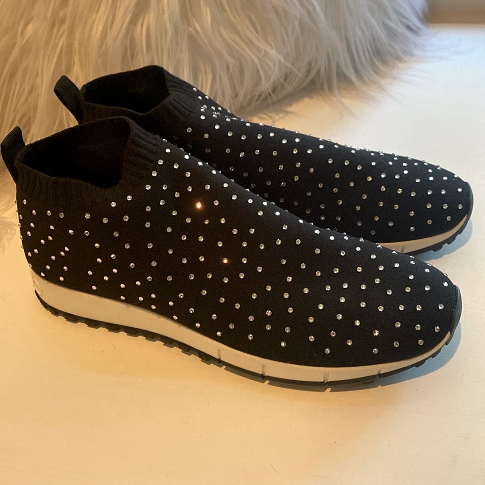 Jimmy Choo black sock sneakers with rhinestones.